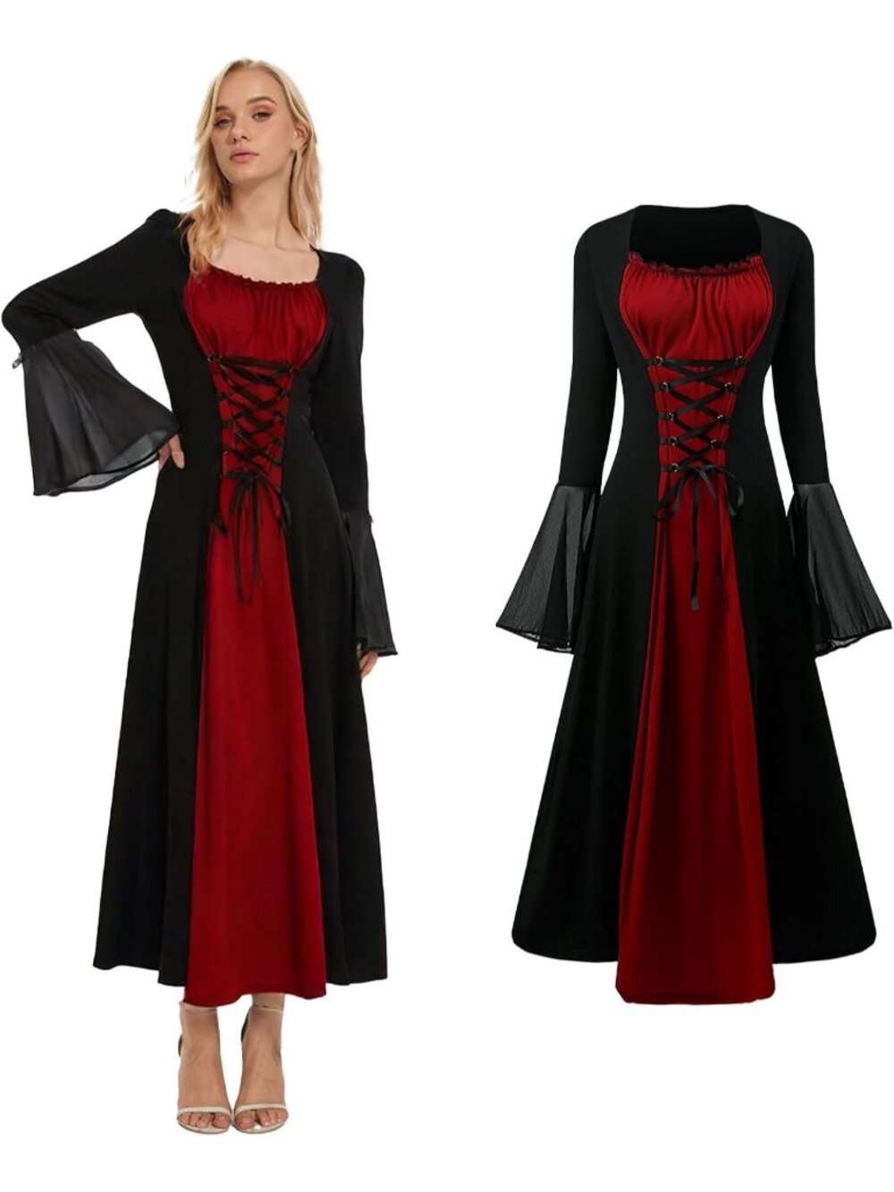 Women's Red Halloween Cosplay Party Trumpet Sleeve Costume Long Vintage Dress